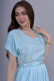 Jalabiya with embroidered pleated design with a sky-blue belt