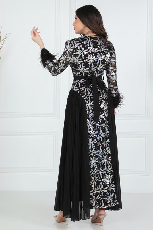 Black sequin embroidered plisse dress