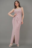 Pink maxi dress with tulle sleeves decorated with crystal ribbon