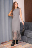Winter dress decorated with frills and short sleeves, gray color 