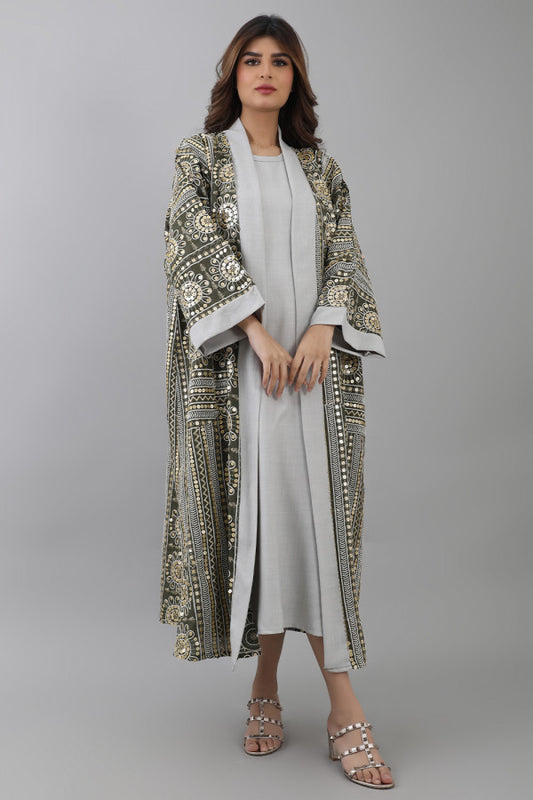 Olive Gulf jalabiya, two pieces, embroidered 