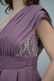 One-shoulder embroidered midi evening dress, mauve color