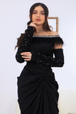 Midi dress with embroidered collar and decorated with feathers, black