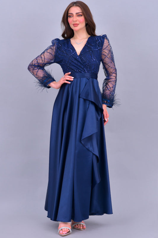 Long dress with sequined bodice and feathers, navy blue