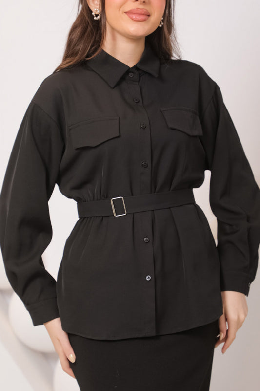 Black crepe shirt with belt at the waist