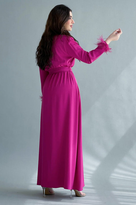 Crystal crepe dress with fuchsia feathers