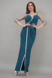 Maxi dress with tulle sleeves decorated with a turquoise crystal ribbon