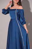 Off-the-shoulder satin midi dress, turquoise