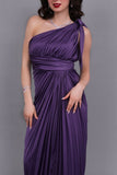 Purple one-shoulder satin Perkins evening dress