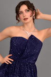 Short layered sequin evening dress, navy blue