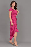 Satin off-shoulder midi dress with slit, fuchsia color