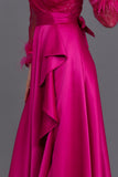 Long dress with sequined bodice and feathers, fuchsia color