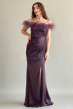 Satin dress decorated with mauve feathers