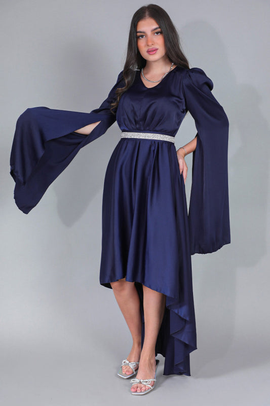 Asymmetric satin dress with cape sleeves, navy blue