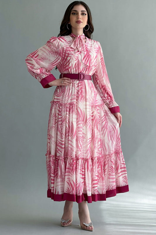 Floral cloche dress with high collar, pink color 