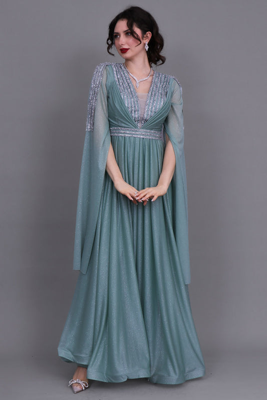 Evening dress with cape sleeves, Tiffany color