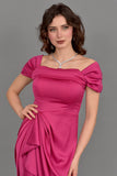 Satin off-shoulder midi dress with slit, fuchsia color