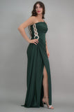 Green one-shoulder jersey evening dress embroidered with crystals