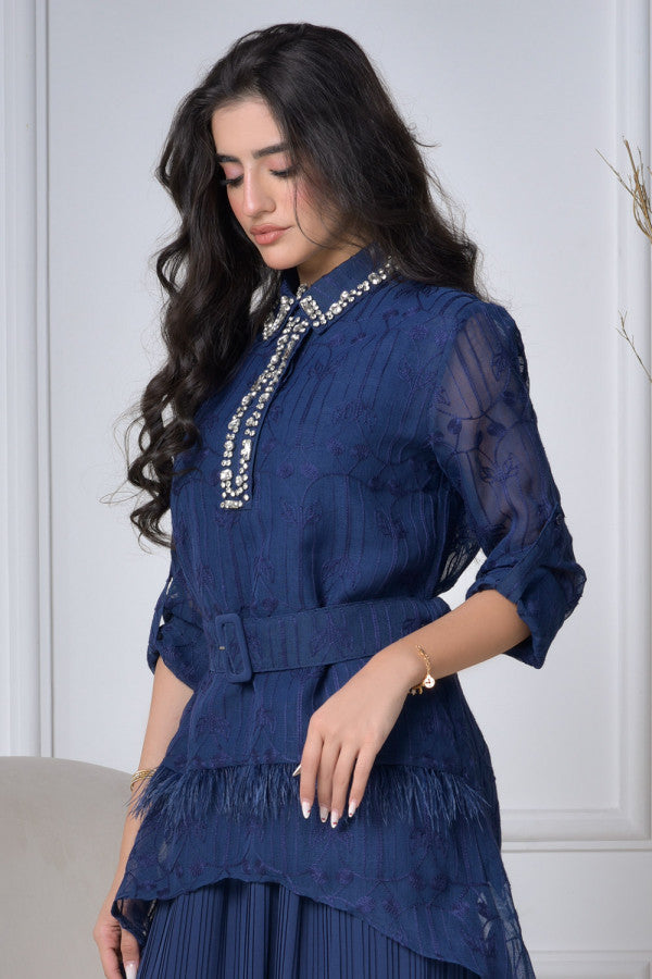 Navy Blue Crystal Embroidered Collar 2 Piece Set