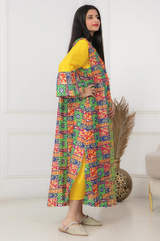 Girls' jalabiya, two pieces, embroidered with a yellow belt 