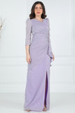 Long dress with pleats and front opening, lavender color 