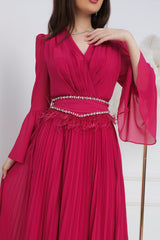 Pleated dress with crystal embroidered belt, fuchsia color