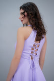 Short dress with high neck, lavender color