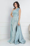 One shoulder embroidered evening dress in Tiffany color