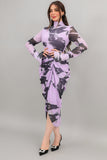 Pleated midi maxi dress with high neck, mauve color