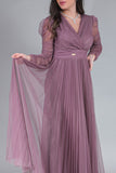 Evening dress with drape sleeves, mauve color