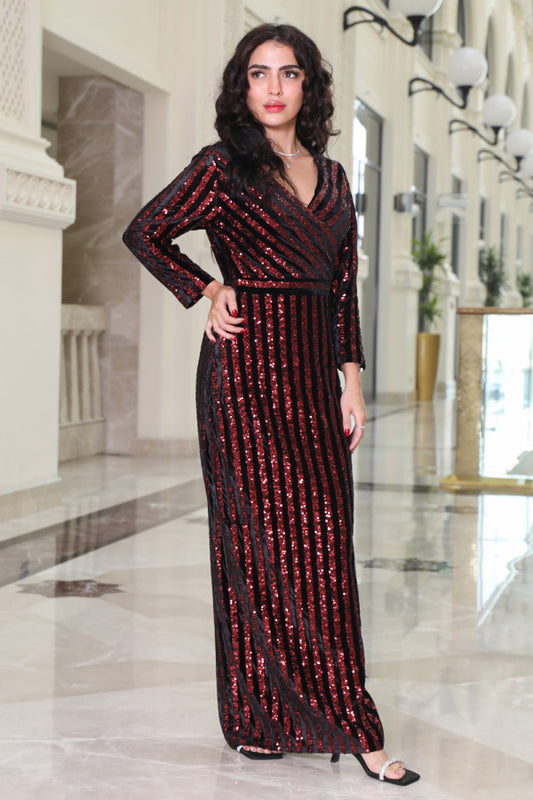 Long sequin evening dress with a slit, red 