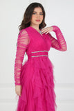 Evening dress with layers of ruffles and embroidered waist, fuchsia color