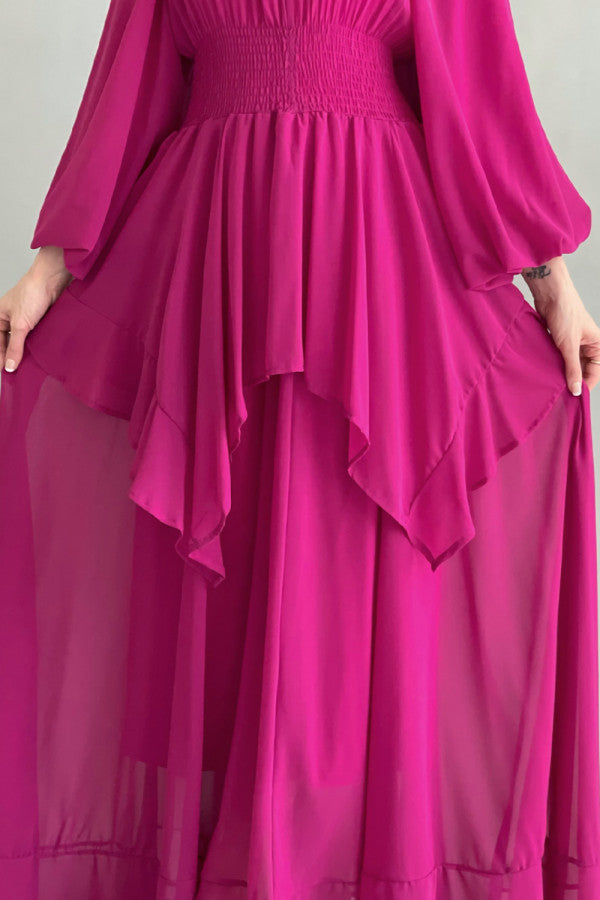 فستان زم كلوش بياقه عاليه لون فوشي