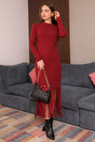 Winter dress decorated with fringe, long sleeves, maroon color - 