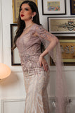 Embroidered evening dress with cape sleeves, pink color