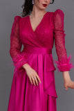 Long dress with sequined bodice and feathers, fuchsia color