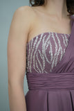 One-shoulder embroidered midi evening dress, mauve color