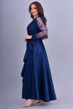 Long dress with sequined bodice and feathers, navy blue