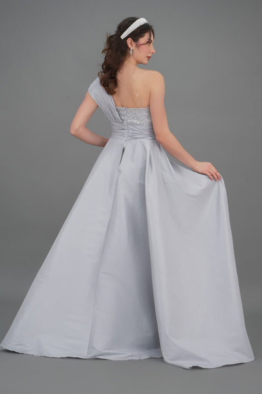 Gray one-shoulder embroidered evening dress