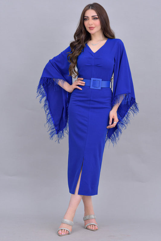 Midi dress with sleeves decorated with feathers, blue