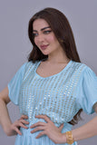 Jalabiya with embroidered pleated design with a sky-blue belt