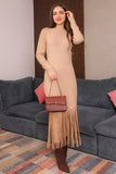 Winter dress decorated with frills, long sleeves, beige 