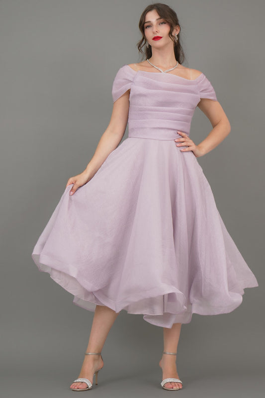 Organza evening dress with off-shoulder collar, pink color