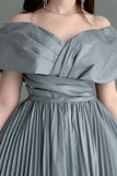 Short evening dress with pleats and off-shoulder collar, olive color