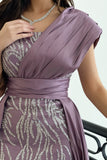 One-shoulder embroidered evening dress, mauve color