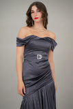 Dark gray asymmetric pleated dress