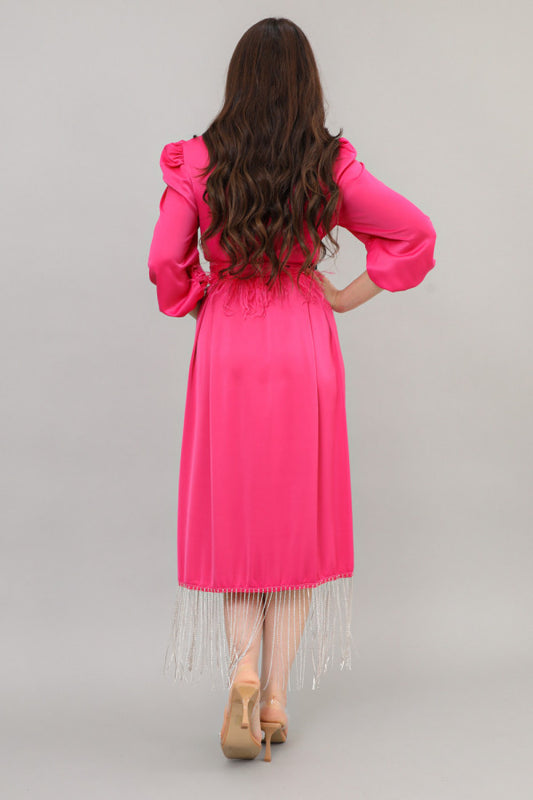 Midi dress with crystal fringes, fuchsia