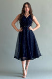 Short evening dress made of mesh tulle with sequins, navy blue