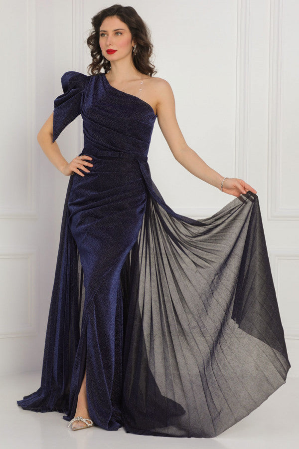 Navy one-shoulder shiny jersey dress