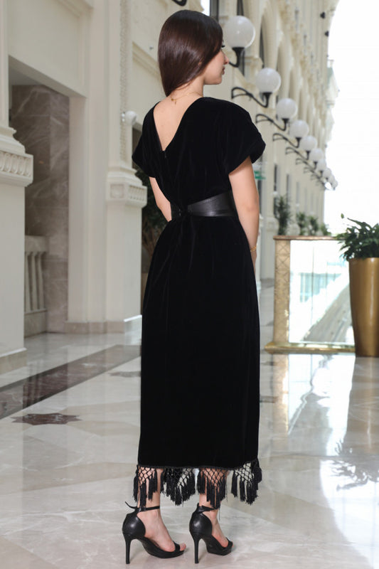 Black velvet wrap dress with belt 